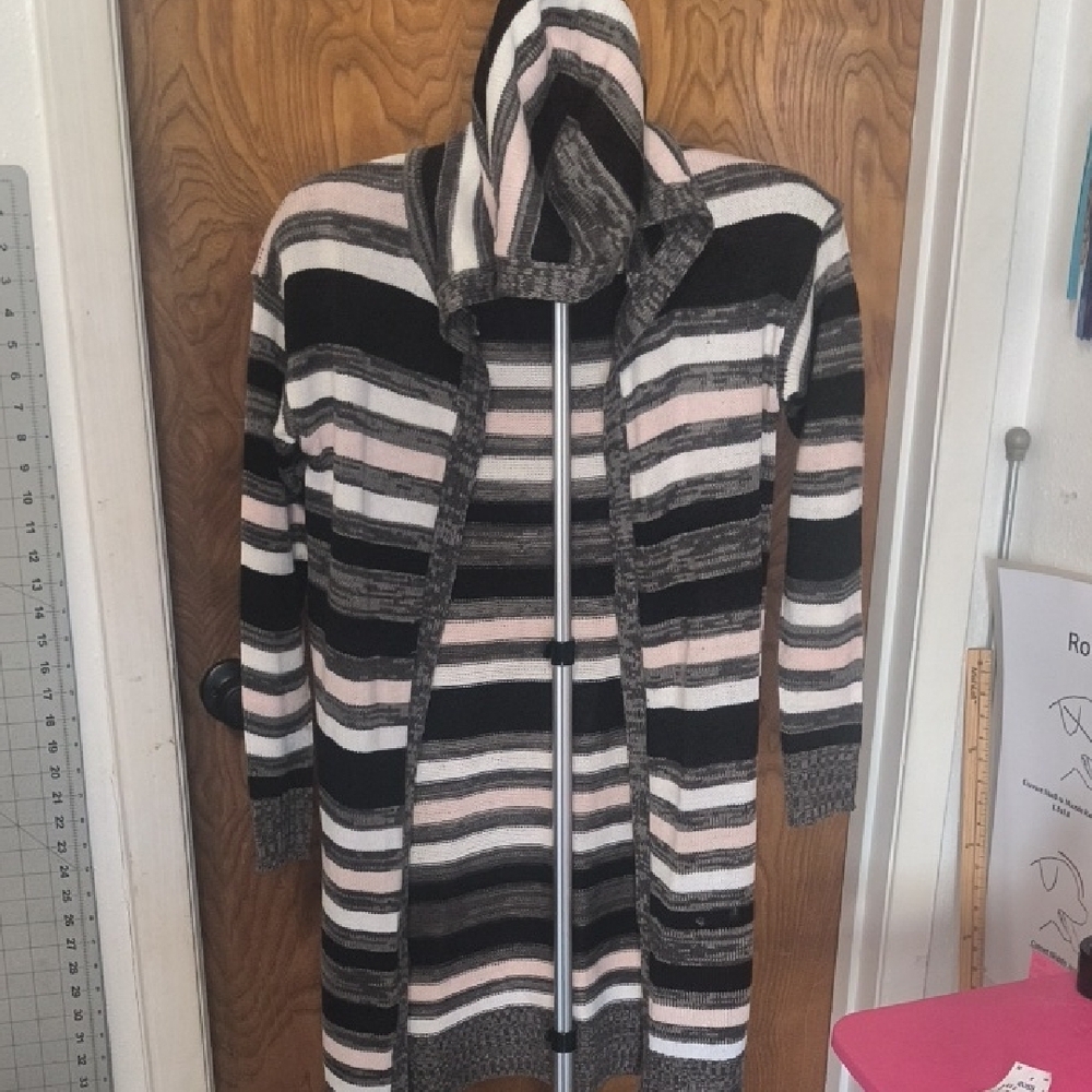 Striped Hooded Women's Sweater - Black, Gray, Pink